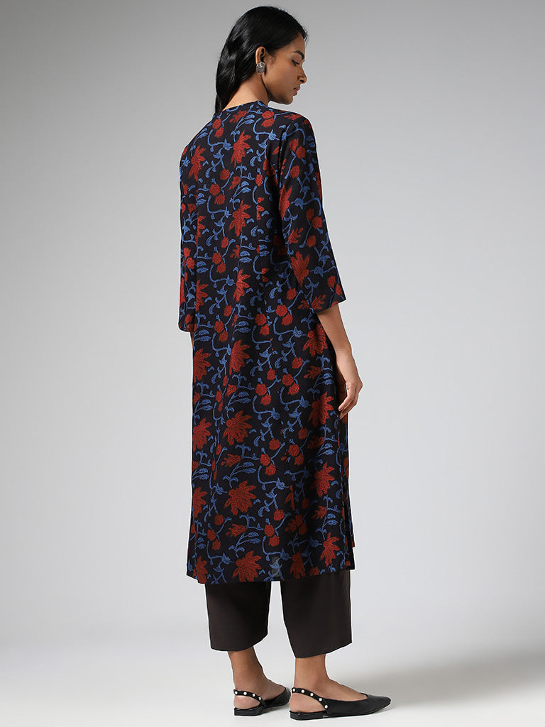 Utsa Black Floral Printed Buttoned Down Kurta