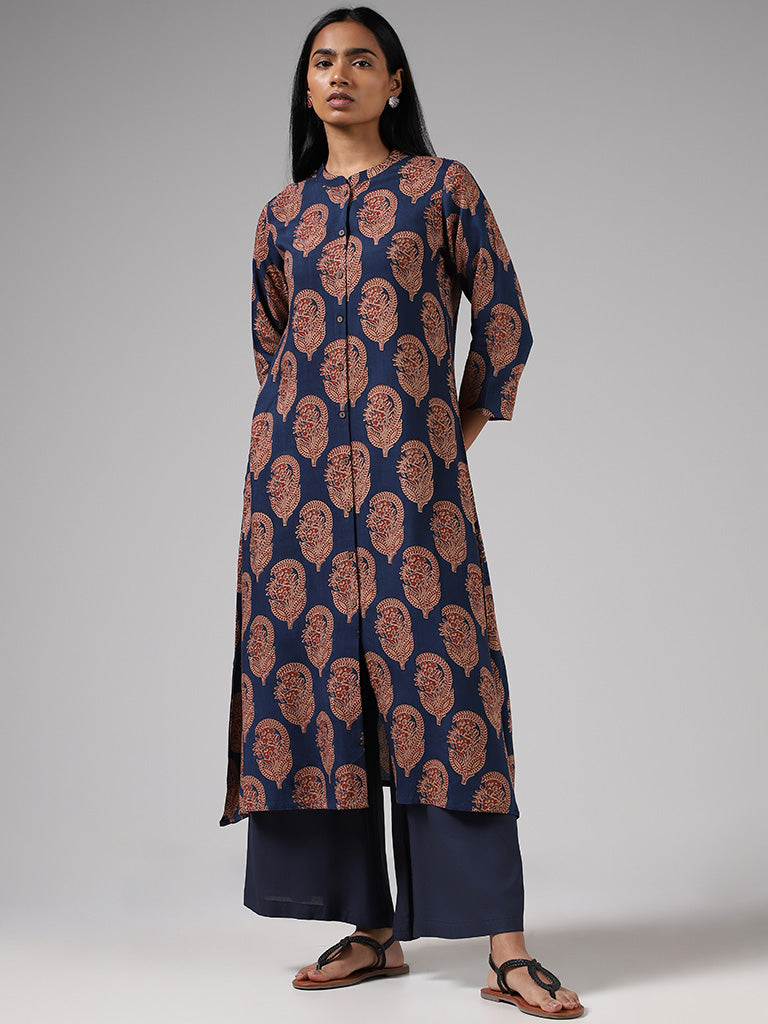 Utsa Blue Motif Printed Button Down Kurta