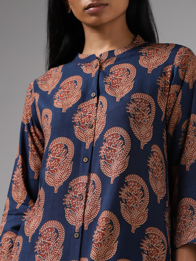 Utsa Blue Motif Printed Button Down Kurta