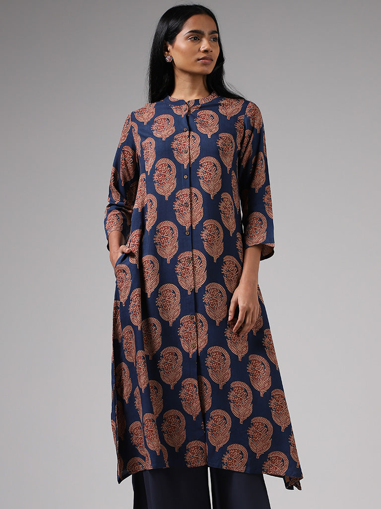 Utsa Blue Motif Printed Button Down Kurta