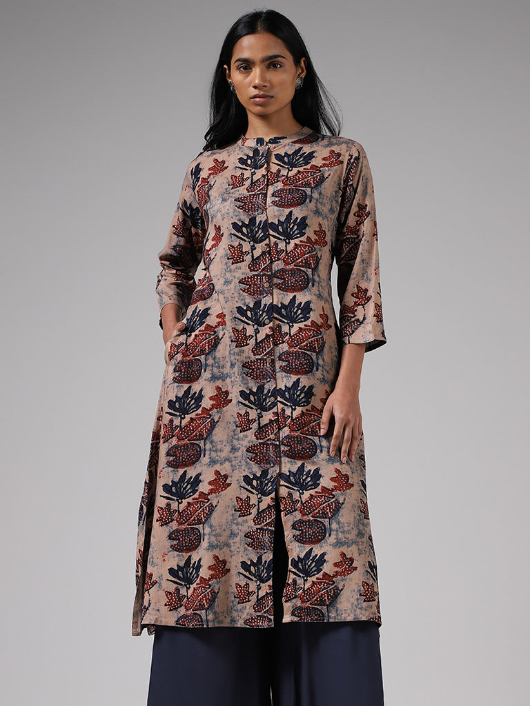 Utsa Indigo Printed Button Down Kurta