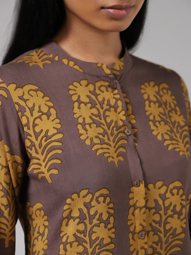 Utsa Mustard Leaf Printed Button Down Kurta