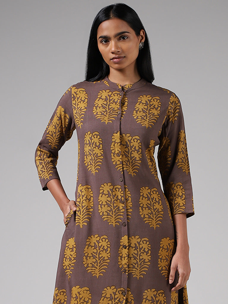 Utsa Mustard Leaf Printed Button Down Kurta