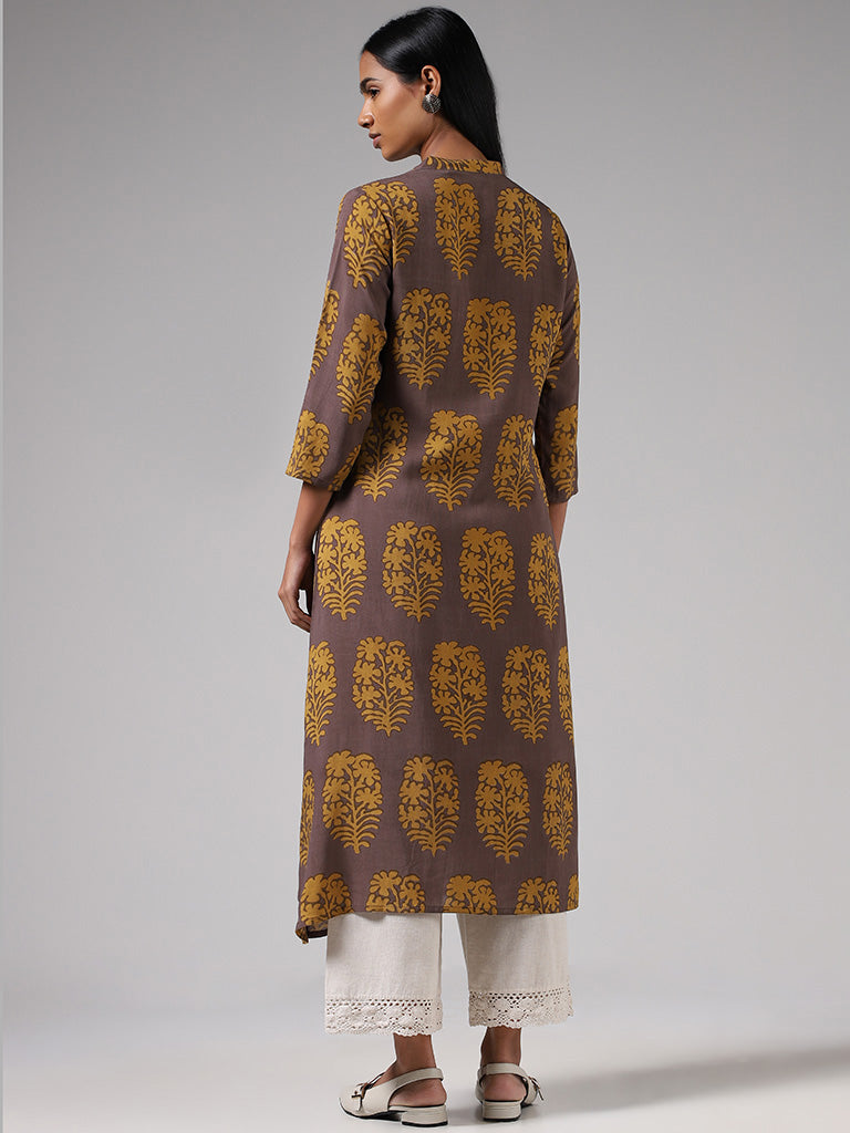 Utsa Mustard Leaf Printed Button Down Kurta