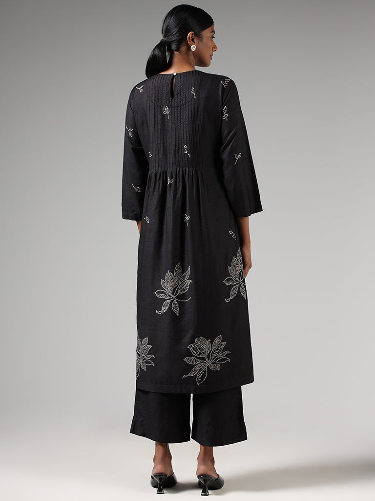 Zuba Black Floral Printed Cotton Blend Anarkali Kurta