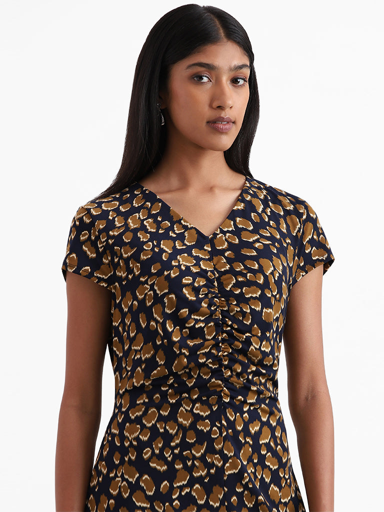 Wardrobe Cheetah Printed Navy Blue Dress