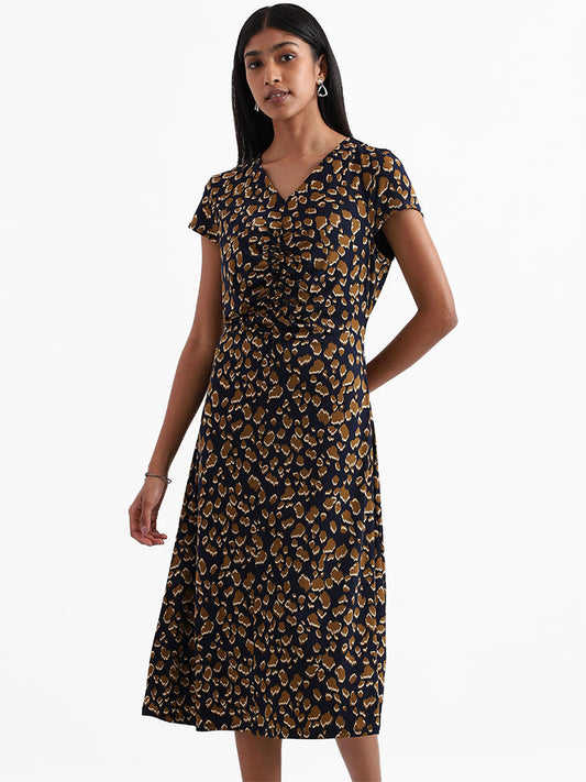 Wardrobe Cheetah Printed Navy Blue Dress