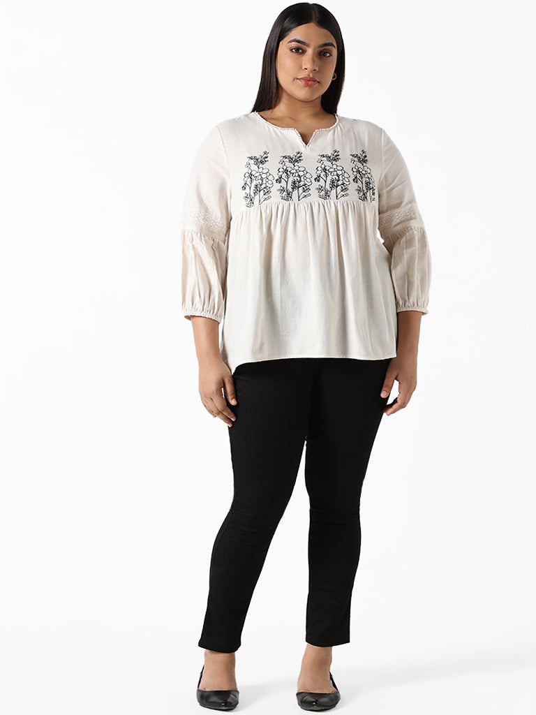 Gia Embroidered Gathered Cream Blouse