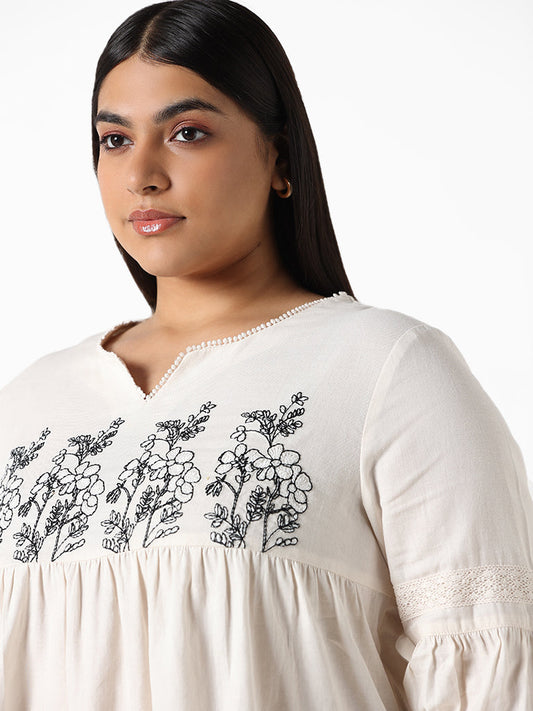 Gia Embroidered Gathered Cream Blouse