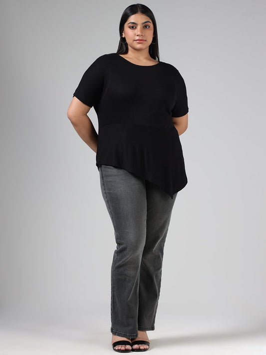 Gia Solid Black Uneven Hemline Cotton Top