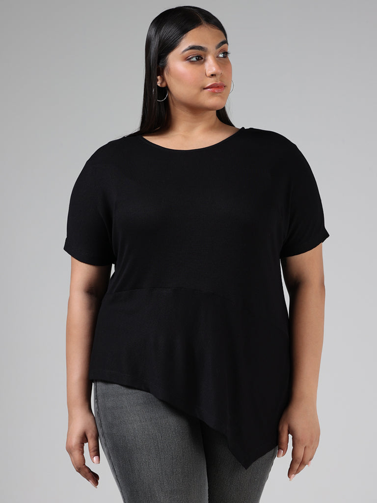 Gia Solid Black Uneven Hemline Cotton Top