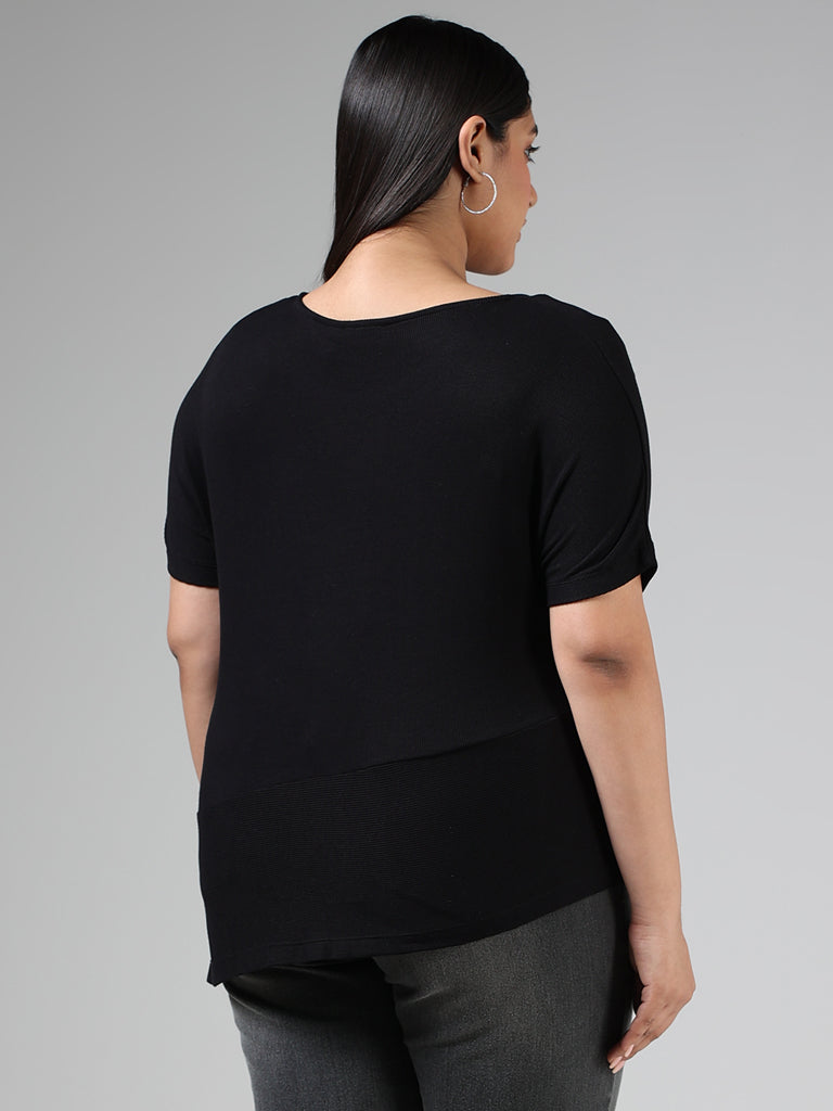 Gia Solid Black Uneven Hemline Cotton Top