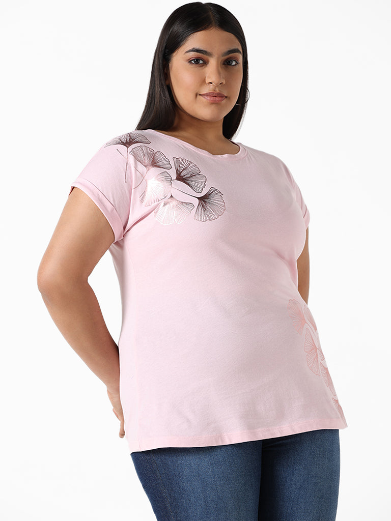 Gia Leaf Printed Pink Cotton T-Shirt