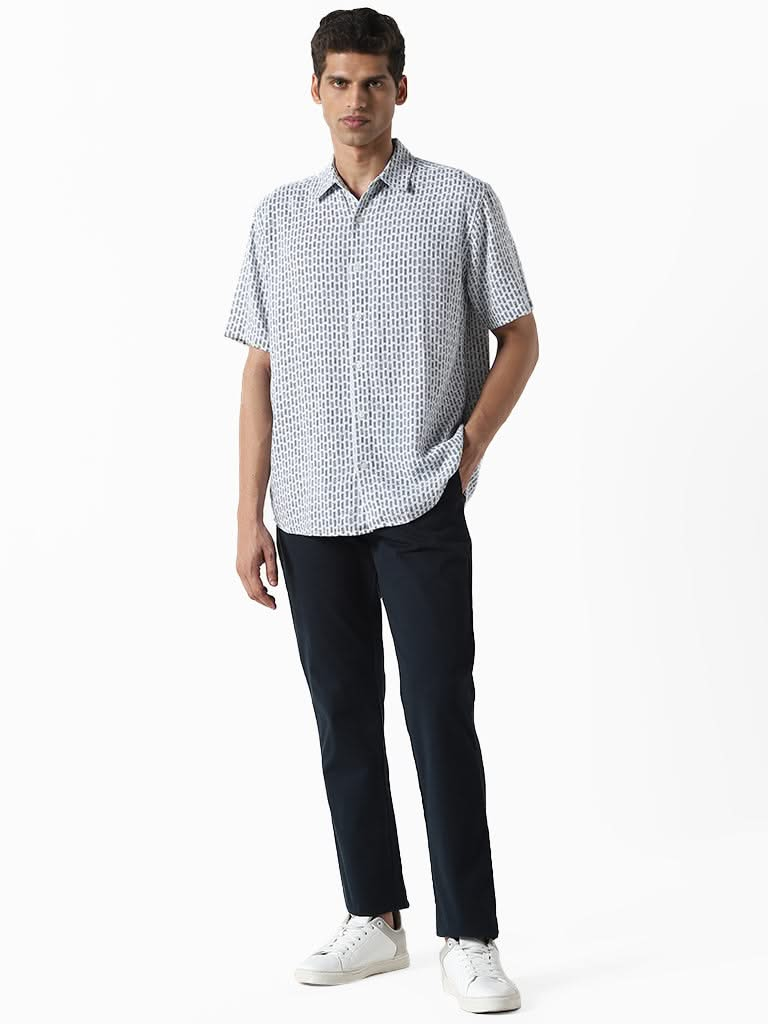 Ascot Printed Navy Blue Relaxed-Fit Blended Linen Shirt