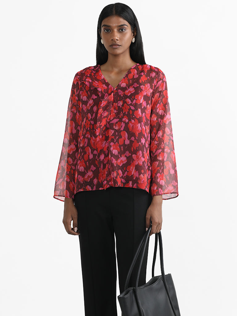 Wardrobe Floral Printed Red Blouse