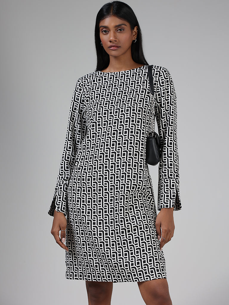 Wardrobe Black Abstract Printed A line Dress