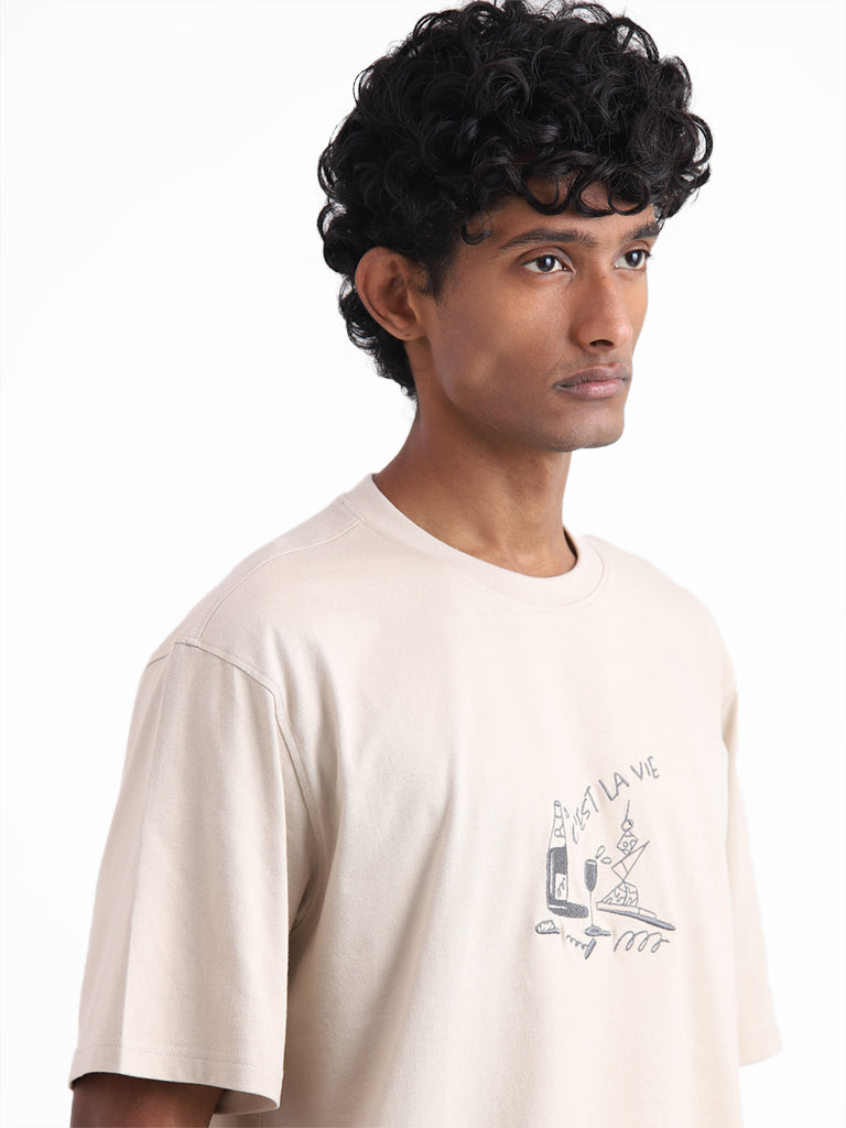 Nuon Taupe Embroidered Cotton Relaxed-Fit T-Shirt