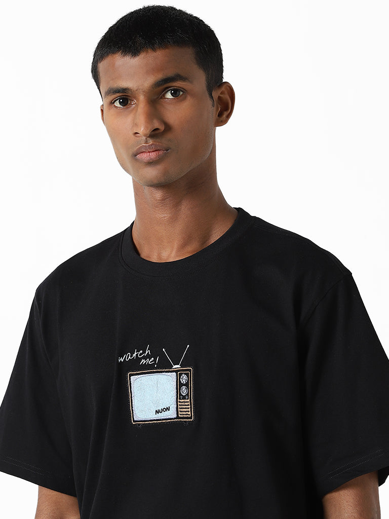 Nuon Black Embroidered Cotton Relaxed-Fit T-Shirt