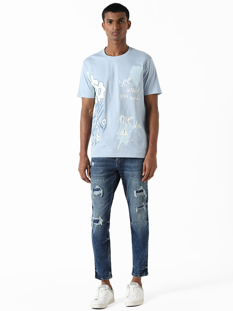 Nuon Light Blue Printed Cotton Slim-Fit T-Shirt