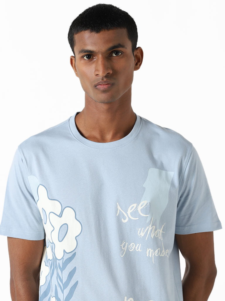 Nuon Light Blue Printed Cotton Slim-Fit T-Shirt