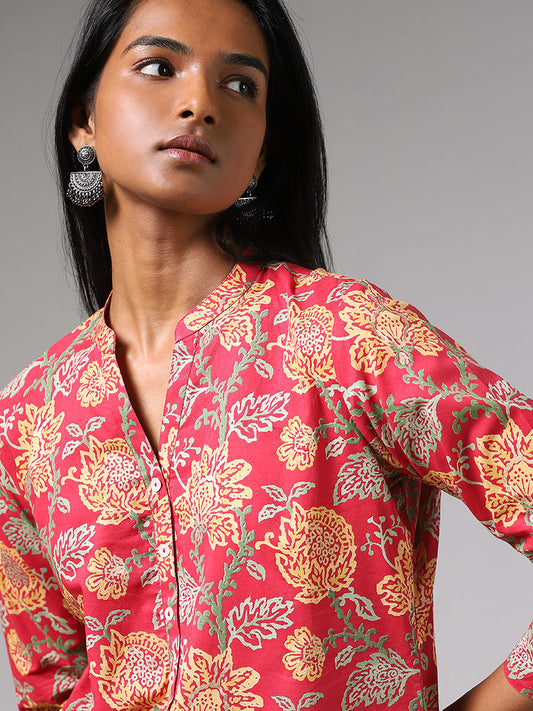 Utsa Bright Red Floral Printed A-Line Kurta