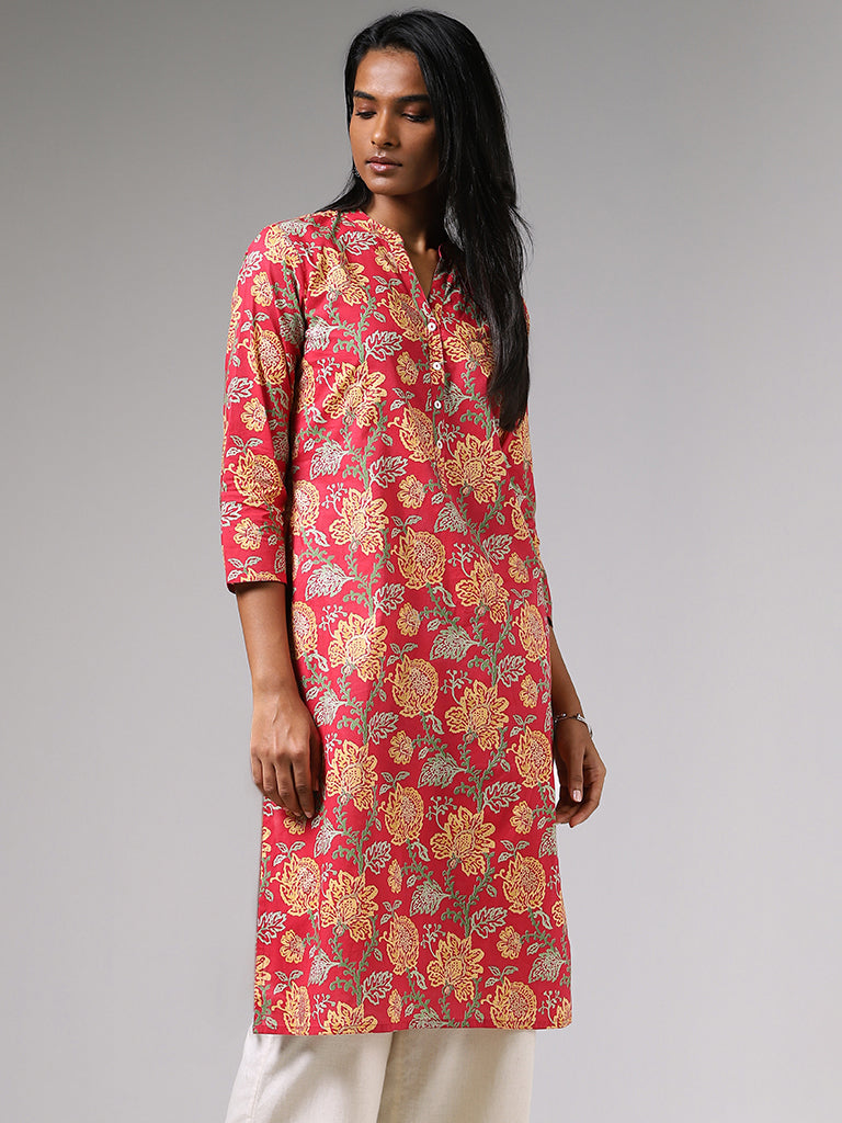 Utsa Bright Red Floral Printed A-Line Kurta