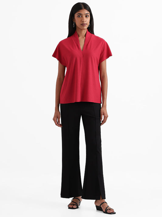 Wardrobe Plain V Neck Dark Pink Top