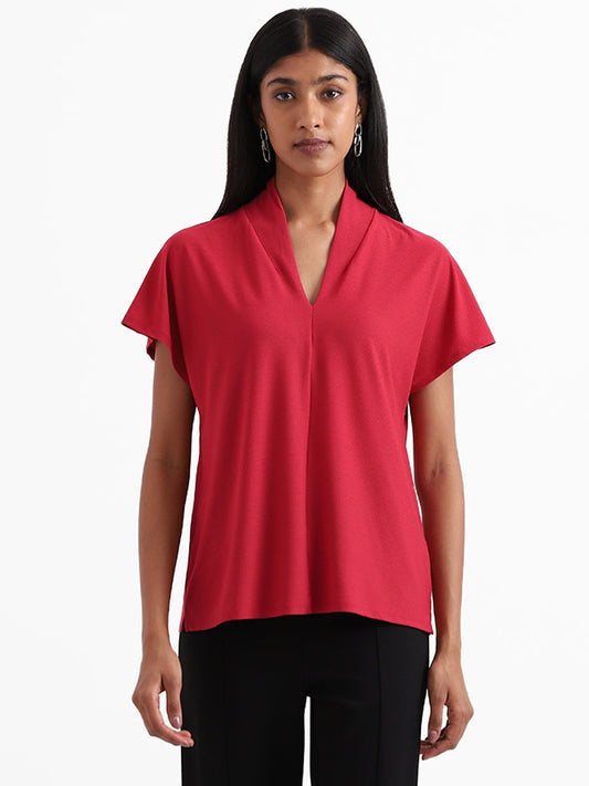 Wardrobe Plain V Neck Dark Pink Top