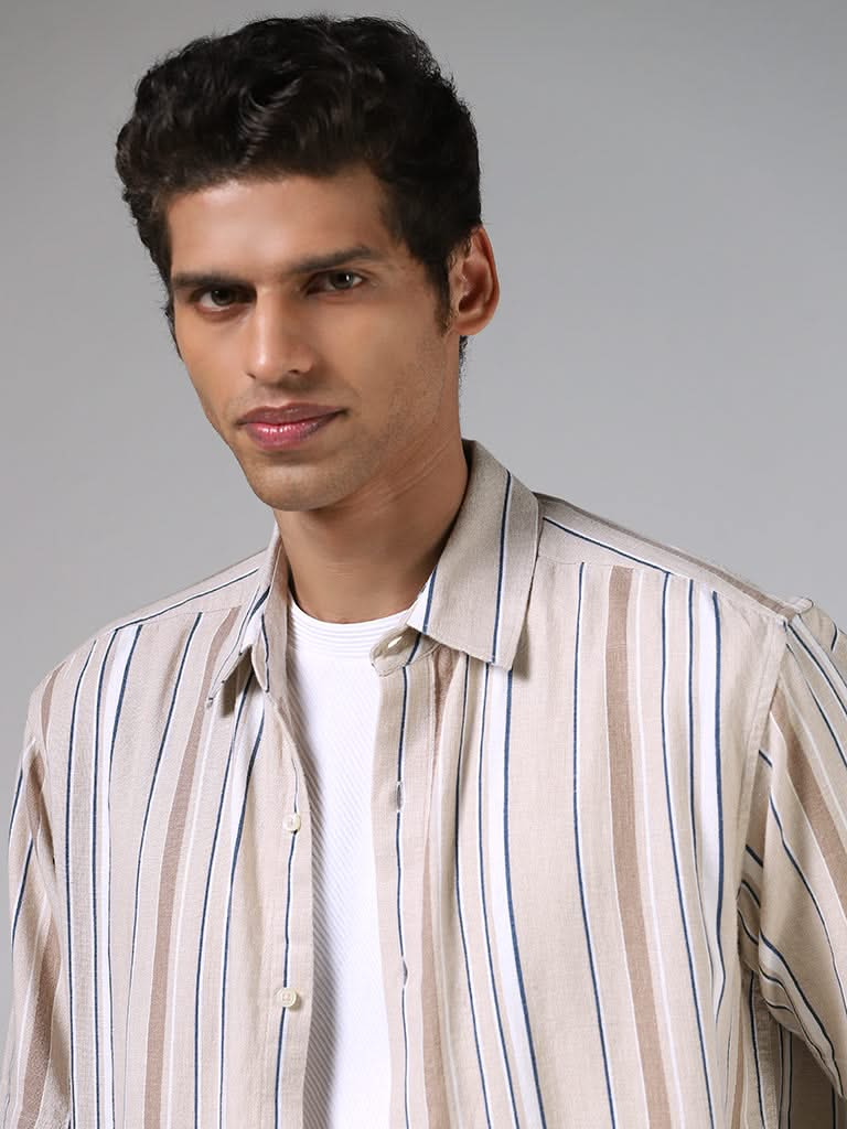 Ascot Beige Striped Relaxed-Fit Blended Linen Shirt