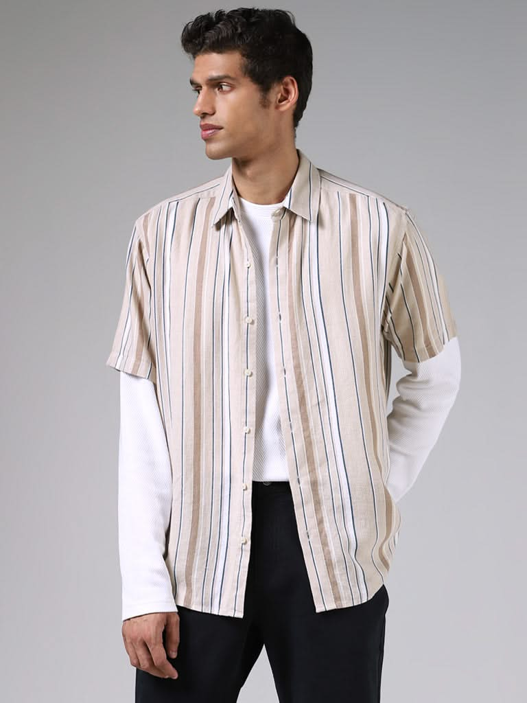 Ascot Beige Striped Relaxed-Fit Blended Linen Shirt