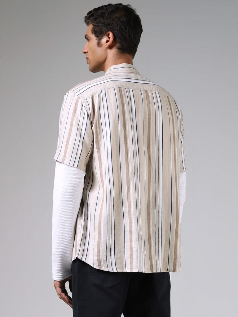 Ascot Beige Striped Relaxed-Fit Blended Linen Shirt