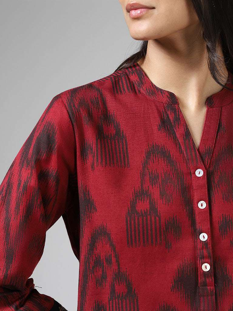 Utsa Maroon Ikkat Printed Embroidered Sleeves Kurta