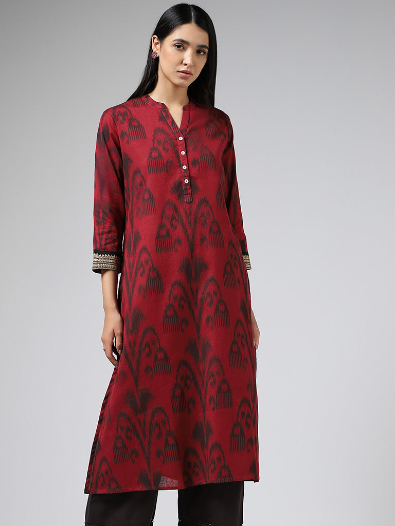 Utsa Maroon Ikkat Printed Embroidered Sleeves Kurta