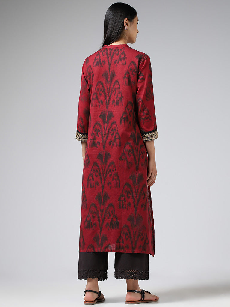 Utsa Maroon Ikkat Printed Embroidered Sleeves Kurta