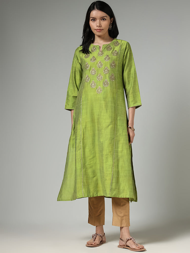 Utsa Lime Green Sequin Embroidered Straight Kurta