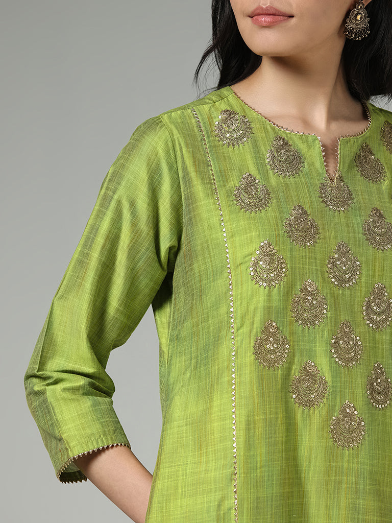 Utsa Lime Green Sequin Embroidered Straight Kurta