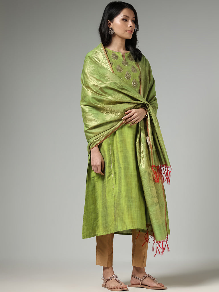 Utsa Lime Green Sequin Embroidered Straight Kurta