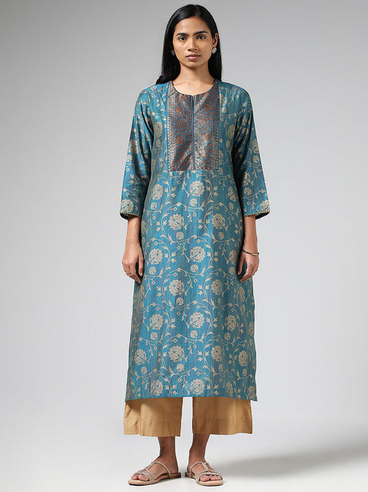 Utsa Blue Floral Printed & Jacquard Embroidered Kurta