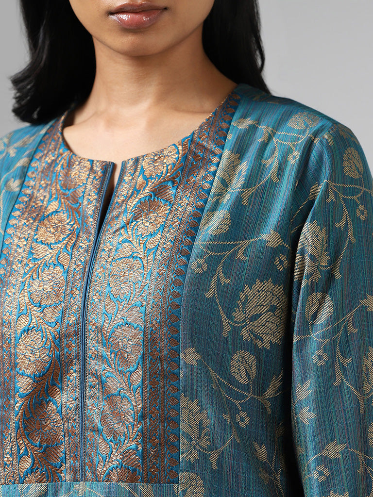 Utsa Blue Floral Printed & Jacquard Embroidered Kurta