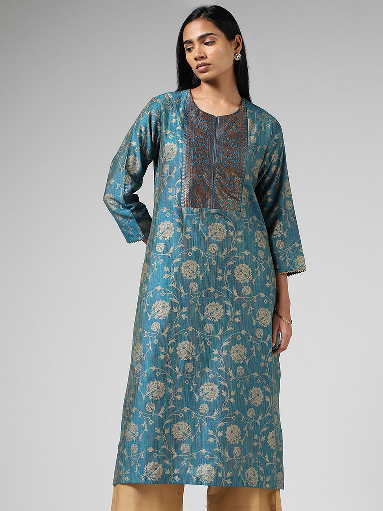 Utsa Blue Floral Printed & Jacquard Embroidered Kurta