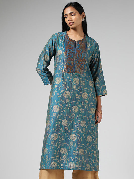 Utsa Blue Floral Printed & Jacquard Embroidered Kurta