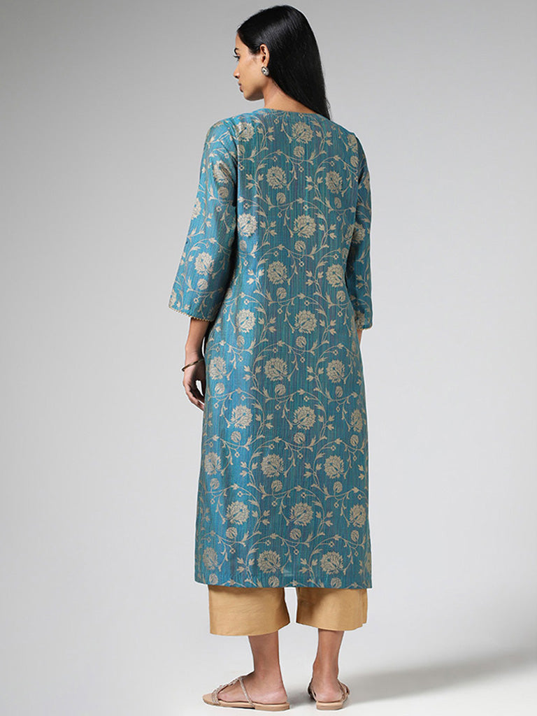 Utsa Blue Floral Printed & Jacquard Embroidered Kurta