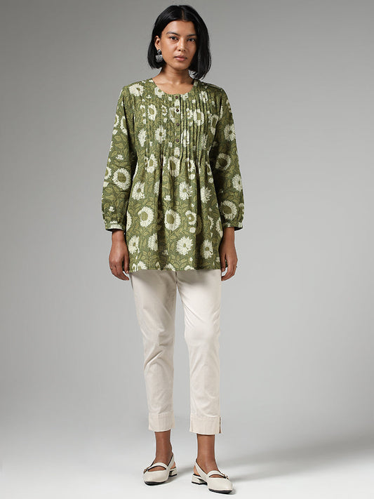 Utsa Olive Green Floral Printed Pleated Cotton Kurti