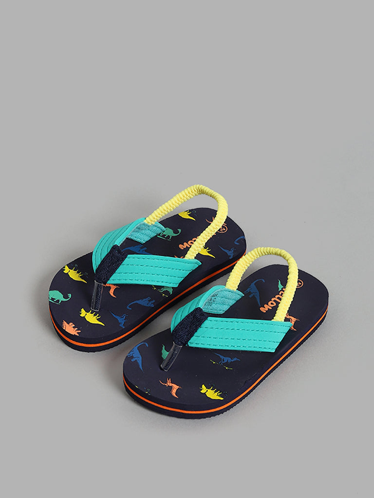 Yellow Navy Dino Printed Flip Flops