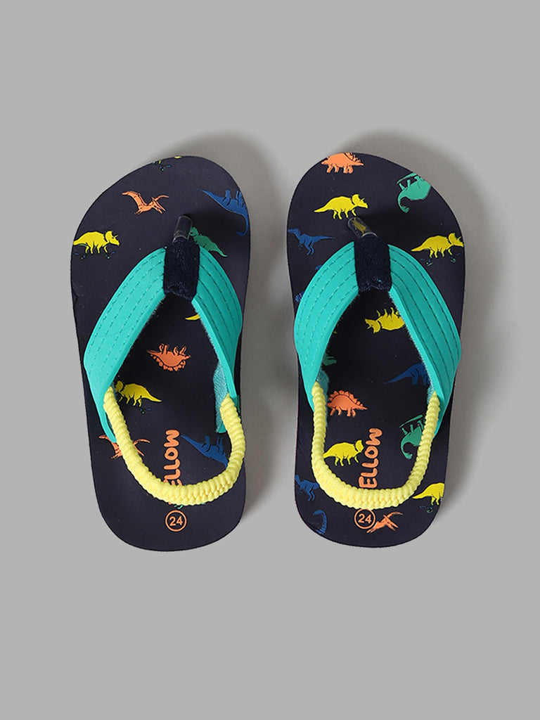 Yellow Navy Dino Printed Flip Flops