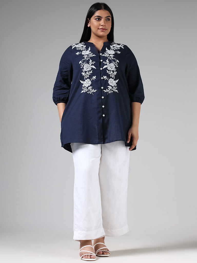 Gia Navy Blue Floral Embroidered Blended Linen Top