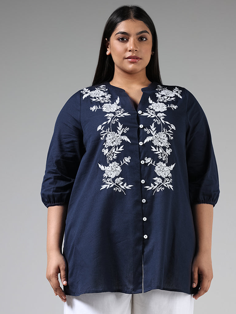 Gia Navy Blue Floral Embroidered Blended Linen Top