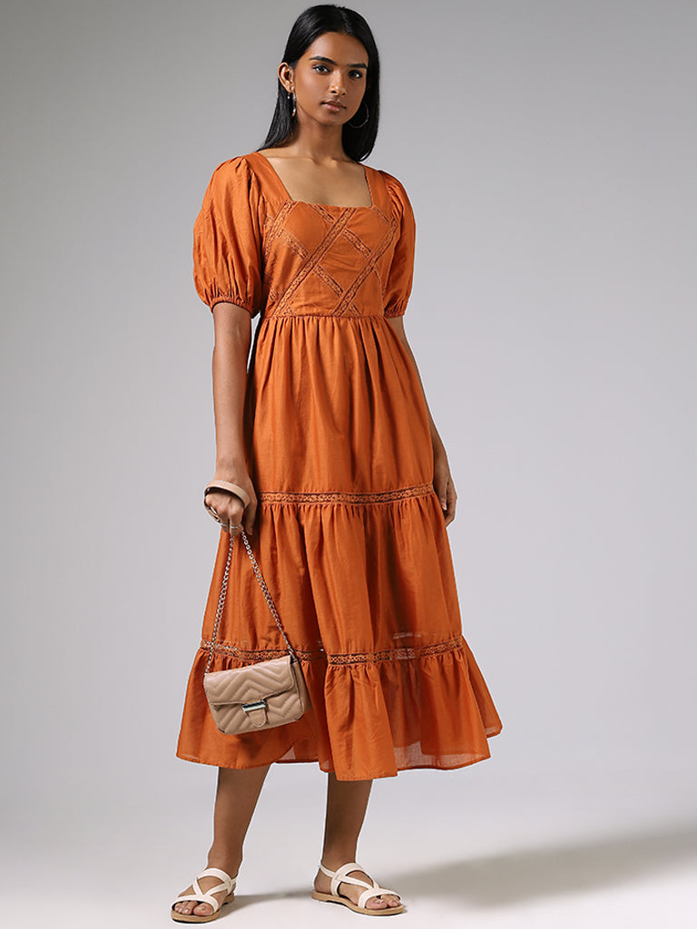 LOV Tangerine Lace Insert Tiered Dress