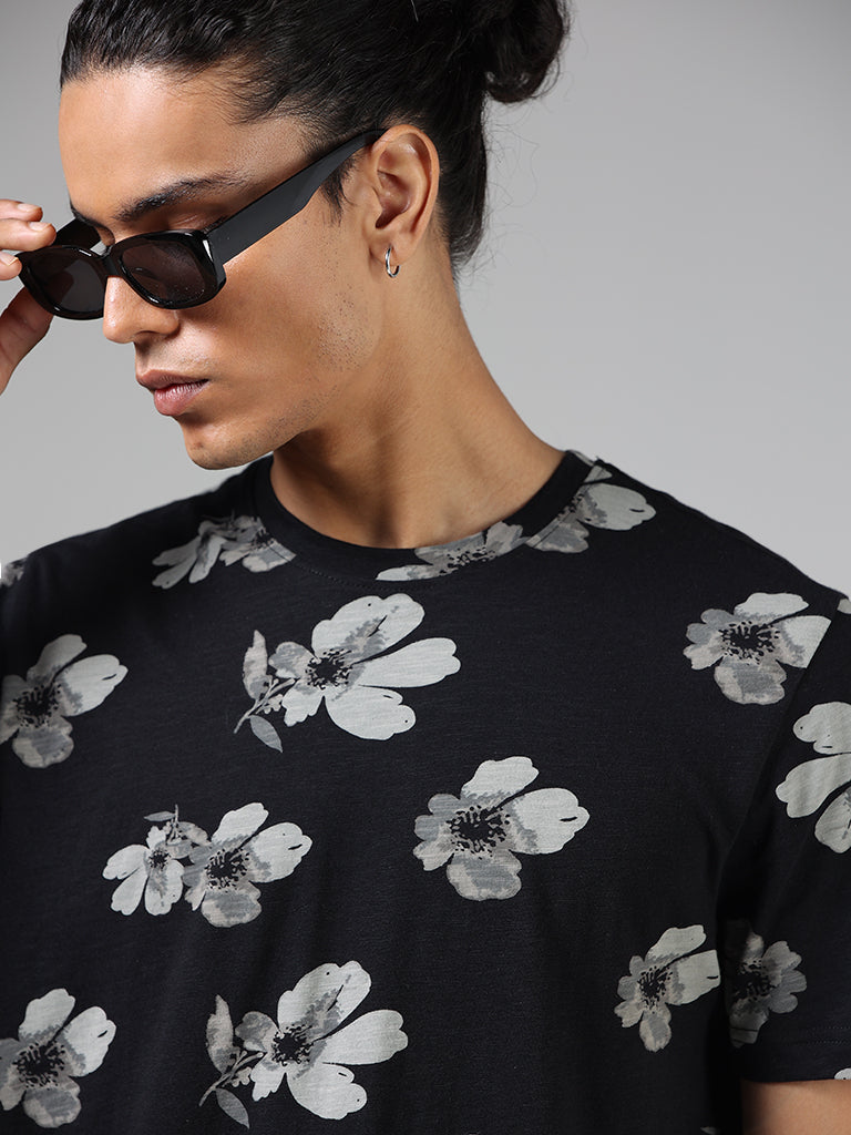 ETA Black Floral Printed Cotton Slim-Fit T-Shirt