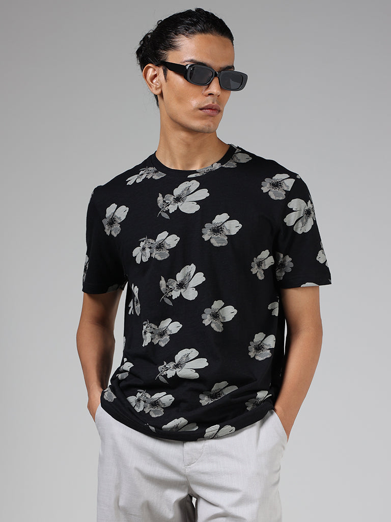 ETA Black Floral Printed Cotton Slim-Fit T-Shirt